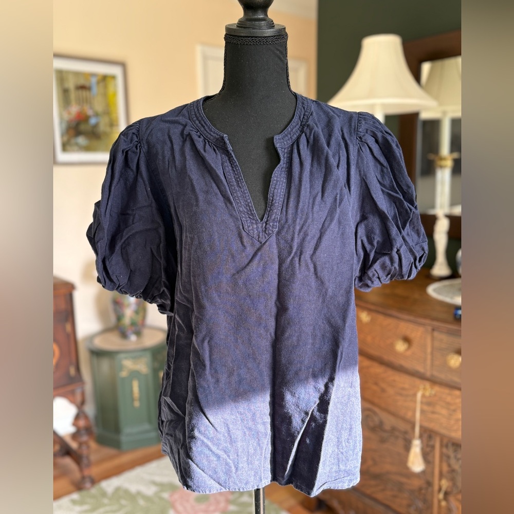 CeCe Navy Puff Sleeve Top XL Linen Blend